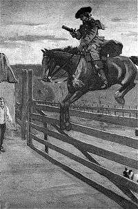 A monochrome illustration of a man on horseback, jumping a wooden gate.  He is wearing a wide-brimmed hat, coat, trousers, and long boots.  His left hand holds the reins, in his right hand is a pistol.  A man stands in the near distance, in front of a toll booth, with a shocked expression on his face.  Obscured by the gate, a small dog watches proceedings.