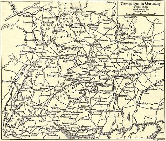 Black and yellow map of German theater of war 1796-1809.