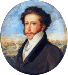 Painted head and shoulders portrait showing a young man with curly hair and mustachios who is wearing a formal black coat, high collar and cravat with a city scene in the distant background