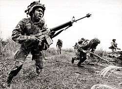 Two Marines with blank firing adaptors on their rifles assault through a field while others watch.