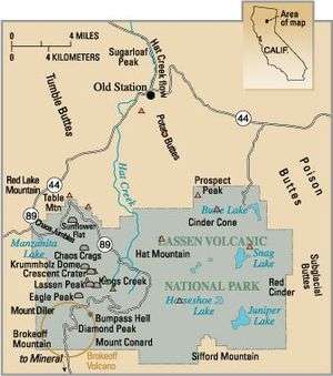 Map with large green area marked as Lasson Volcanic National Park with a circle is on the lower left corner. Other features, such as Chaos Crags, Brokeoff Mountain, Bumbass Hell and Cinder Cone are also labelled.