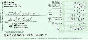 A rectangular form on which the depositor enters amount of currency and check amounts being deposited and also amount of cash back from the check or checks.