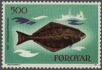 Photo of a stamp displaying a painting of the brown side of a halibut