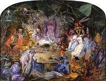 Fairy creatures having a banquet, surrounded by flowers and leaves.