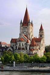 St. Francis of Assisi Church in Vienna seen from Reichsbrücke.