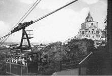 Image of cable car approaching top station with sanctuary in background