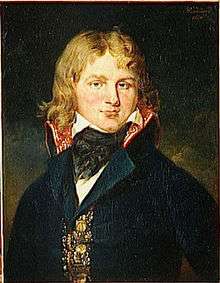 Painting of a man with long blonde hair wearing a black civilian coat.