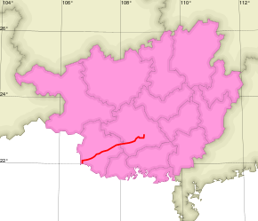 A map showing the route of the G7211 Nanning–Youyiguan Expressway in Guangxi.