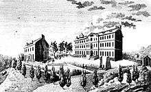 A black and white drawing of two colonial style buildings, one two stories, the other three, perched on a hill.