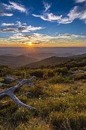 The rays of a sunset spread over mountain ridges that turn from green to purple and blue as they progress toward the horizon.