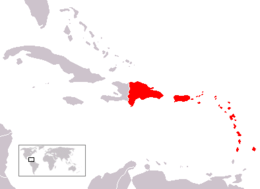 A map showing most of the Lesser Antilles in red. Puerto Rico and the Dominican Republic are also red.