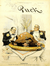 A political cartoon in color. Two caricatured gentlemen in suits sit at a table with large, exaggerated cutlery, a colossal turkey before them, marked "Presidency". The plate bears the words, "Sound money vote". "For what we are about to receive," says the man on the left, holding the carving knife with a look of deceitful intrigue, "May the Lord make us truly thankful."