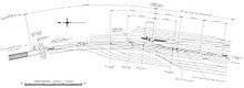 A pencil-drawn diagram showing approximately 30 sidings, evenly split between the top and bottom of the diagram; a railway line runs through the middle of the diagram.