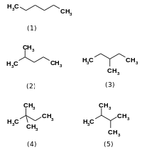 zig-zag models of hexane and four isomers