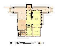 Hills House First Floor Plan in 1906.  Outline of the earlier house is shown in yellow.