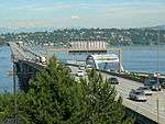 An interstate highway crossing a lake on a floating bridge