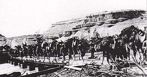 Many fully loaded camels crossing bridge built on square end boats; steep sided mountains in background