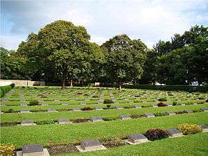 Cemetery with trees and monuments at ground level