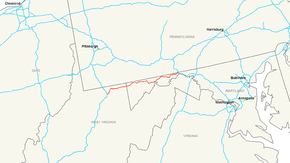 Map of a road that stretches across northern West Virginia and northwestern Maryland.