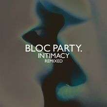 Turquoise-green album cover showing a close-up of a couple kissing, captioned "BLOC PARTY.", (smaller) "INTIMACY" below it, and (much smaller) "REMIXED" below that. Only the lower, central portions of the heads are visible.