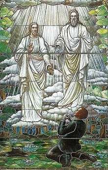 Two heavenly beings stand in the air conversing with the young Smith