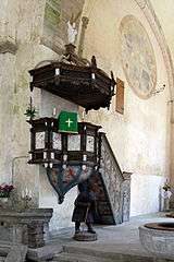 Interior of Kaarma church, Estonia, showing the pulpit.