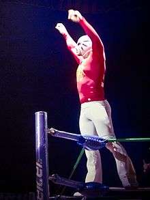 Masked wrestler La Máscara posing on the ropes before a match.