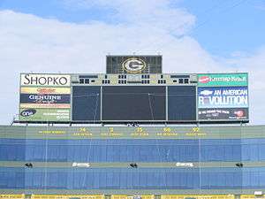 A photo of the part of Lambeau field that shows all of the Packers' retired numbers and player names.