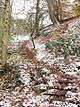 Path sloping up hill through trees. The path includes stone blocks that once supported iron rails.