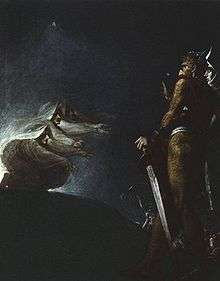 Dark painting showing two figures encountering witch-like creatures.