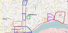 A map of a city with several areas highlighted to illustrate historic neighborhoods