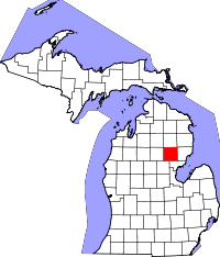 Map of Michigan highlighting Ogemaw County