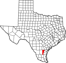 Map of Texas highlighting Jim Wells County