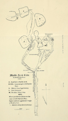 Hand-drawn map of a cave, showing meandering underground river passage as well as surface topography including large shakeholes.