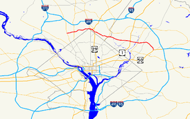 A map of the Washington, D.C. metropolitan area showing major roads. Maryland Route 410 connects several inner suburbs in Maryland.