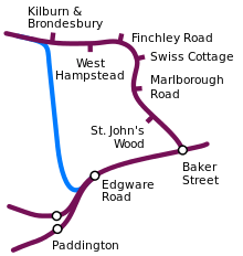 A line is shown at the bottom, from right to left, with stations at Baker Street, Edgware Road and junction before two Paddington stations. From Baker Street a line is shown going north through several stations before turning left. From Edgware Road a line in a contrasting colour is shown, going north bypassing these stations before joining the line from Baker Street just north of Kilburn & Brondesbury.