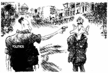 Cartoon of a man representing "politics"  pointing a gun at George W. Bush's head. A storefront sign says "Iraq."