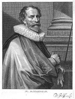 Black and white engraving of Van Mierevelt wearing a colar and mantle