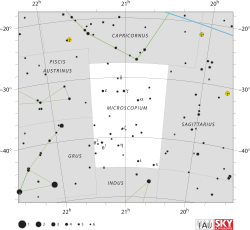 Diagram showing star positions and boundaries of the Microscopium constellation and its surroundings