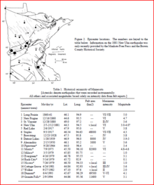 This map and table shows where Minnesota's earthquakes have occurred. Earthquakes 1, 6, 9, 11, 15 and 18 are in the Great Lakes tectonic zone.