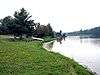 A grassy lawn with picnic tables, trees and a boat with a curving lakeshore at right