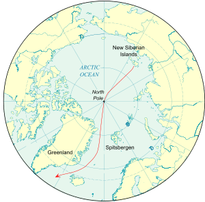 Portion of the globe centred on the North Pole, showing the continental masses of Eurasia and America, also Greenland, Spitsbergen and the New Siberian Islands. The theoretical drift is shown by a line from the New Siberian Islands, through the North Pole and then reaching the Atlantic Ocean by passing between Spitsbergen and Greenland.