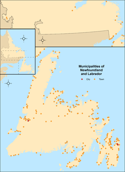 Map showing locations of all of Newfoundland and Labrador's municipalities