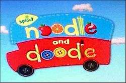 A bus shaped logo with the words Noodle and Doodle, with fruits and buttons for O's.