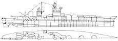 A line drawing of a ship with three gun turrets on the centerline forward, a tall superstructure, and a large funnel at the rear.