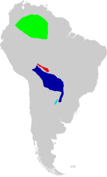 Map of South America marked  green in southeastern Colombia, southern Venezuela, and northwestern  Brazil; red in a narrow strip in northeastern Bolivia; dark blue in much  of eastern Bolivia, much of Paraguay, and nearby Brazil; and light blue  in a small area in northeastern Argentina.