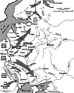 A map of Eastern Europe depicting the movement of military units and formations.