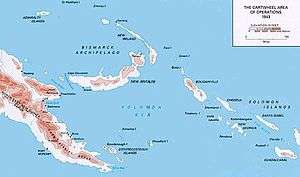 Map of the New Guinea area. Rabaul is at the top, Wau on the left.