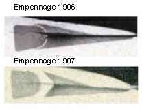 Two side views of an airship's empennage, showing two different configurations. In one, the forward section has a semi-circular cut-away to accommodate the semi-circular rudder with very little space between the two; in the other the cutaway is more angular and the clearance is much greater