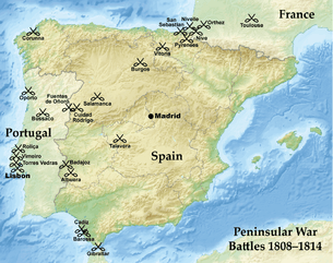 Map of British Peninsular War battles, 1808–14